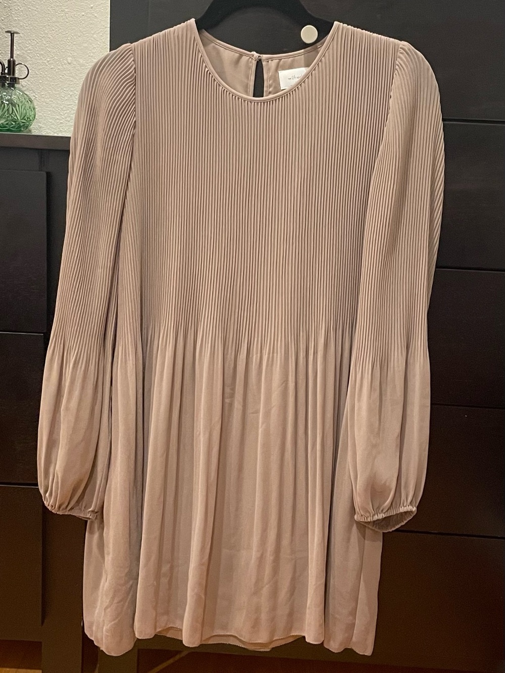 Pleated Long Sleeve Babydoll Dress in Taupe